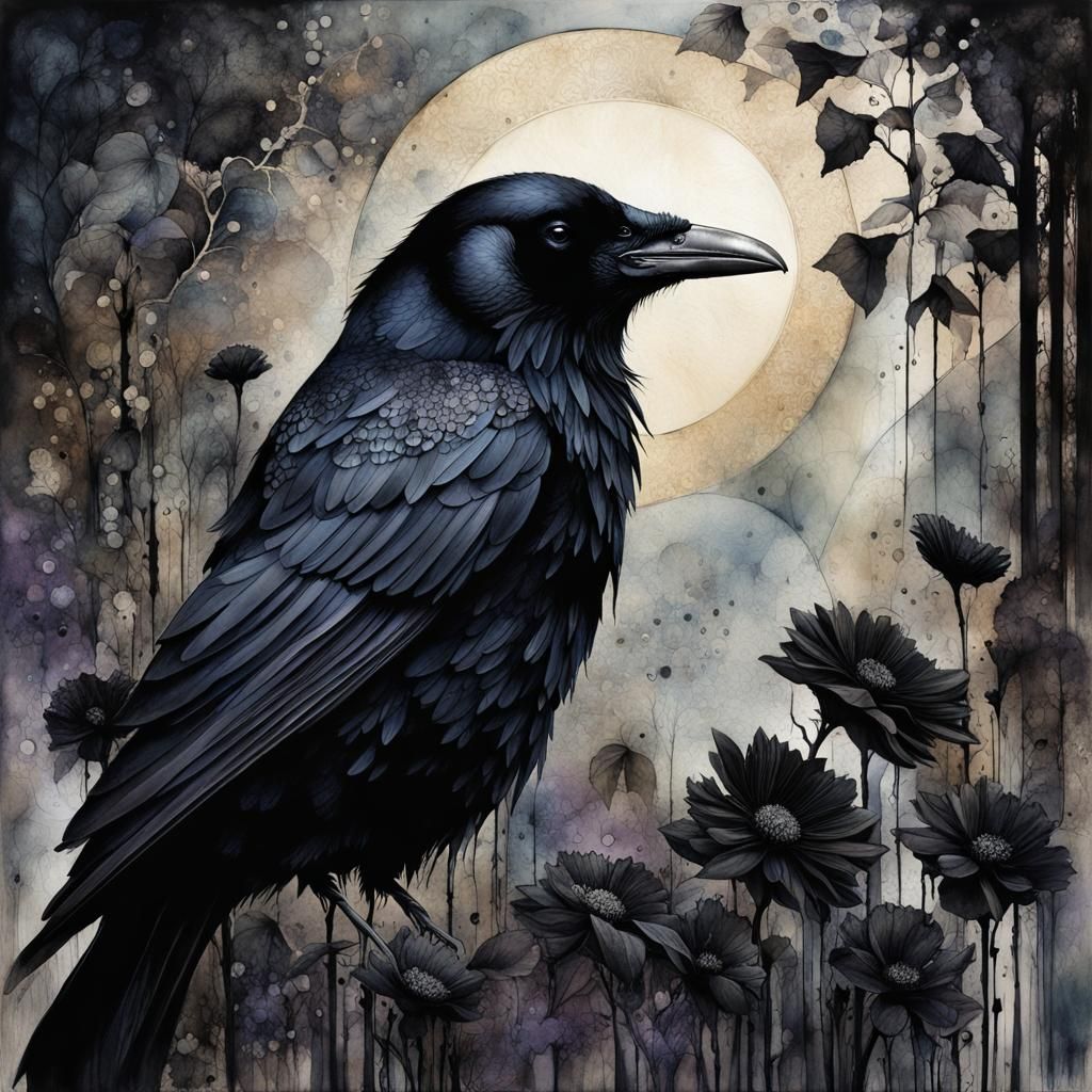Magical Raven Garden in Monochromatic Mixed Media