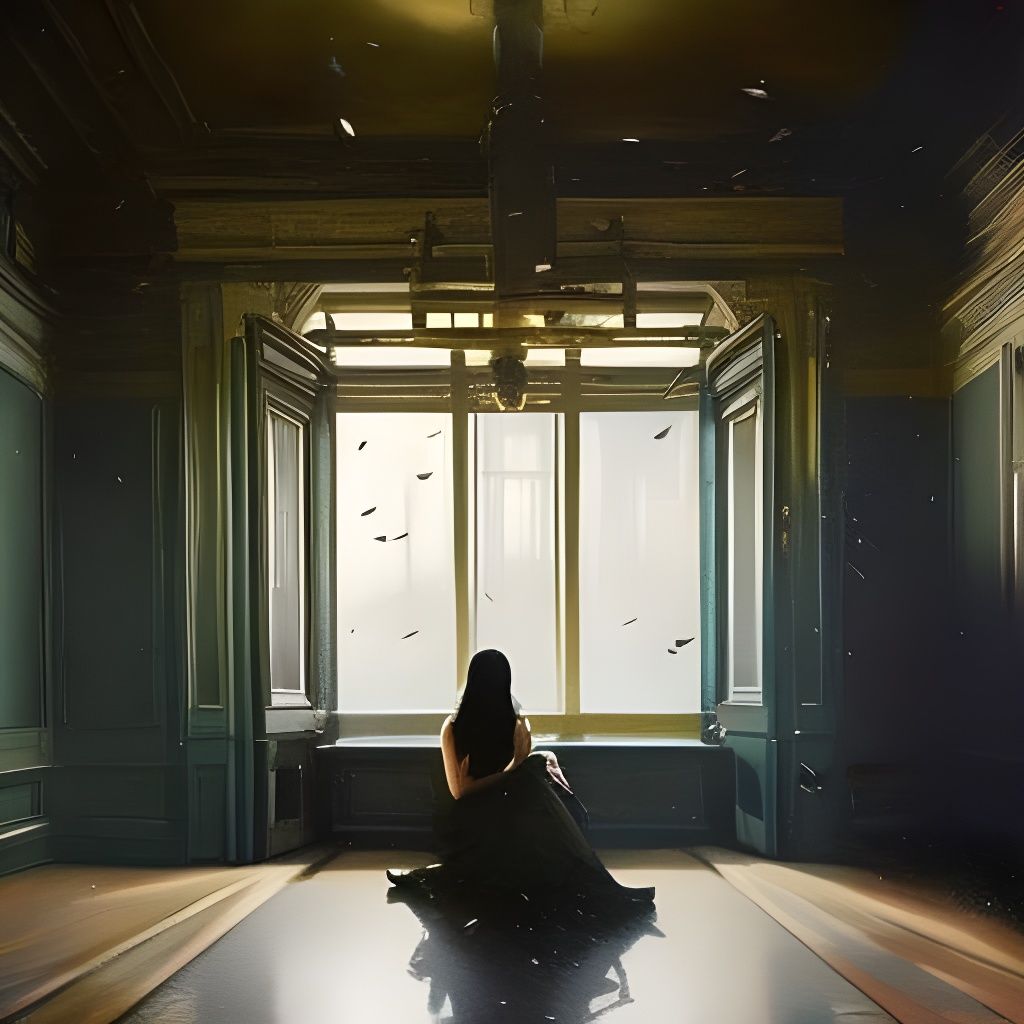 Sad Woman in Dark Room: Oil Painting with Dramatic Lighting