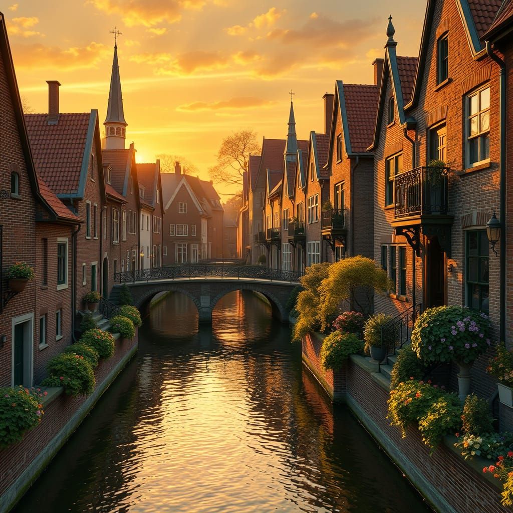 Golden Light Dutch Townscape in Vibrant Art Nouveau Style