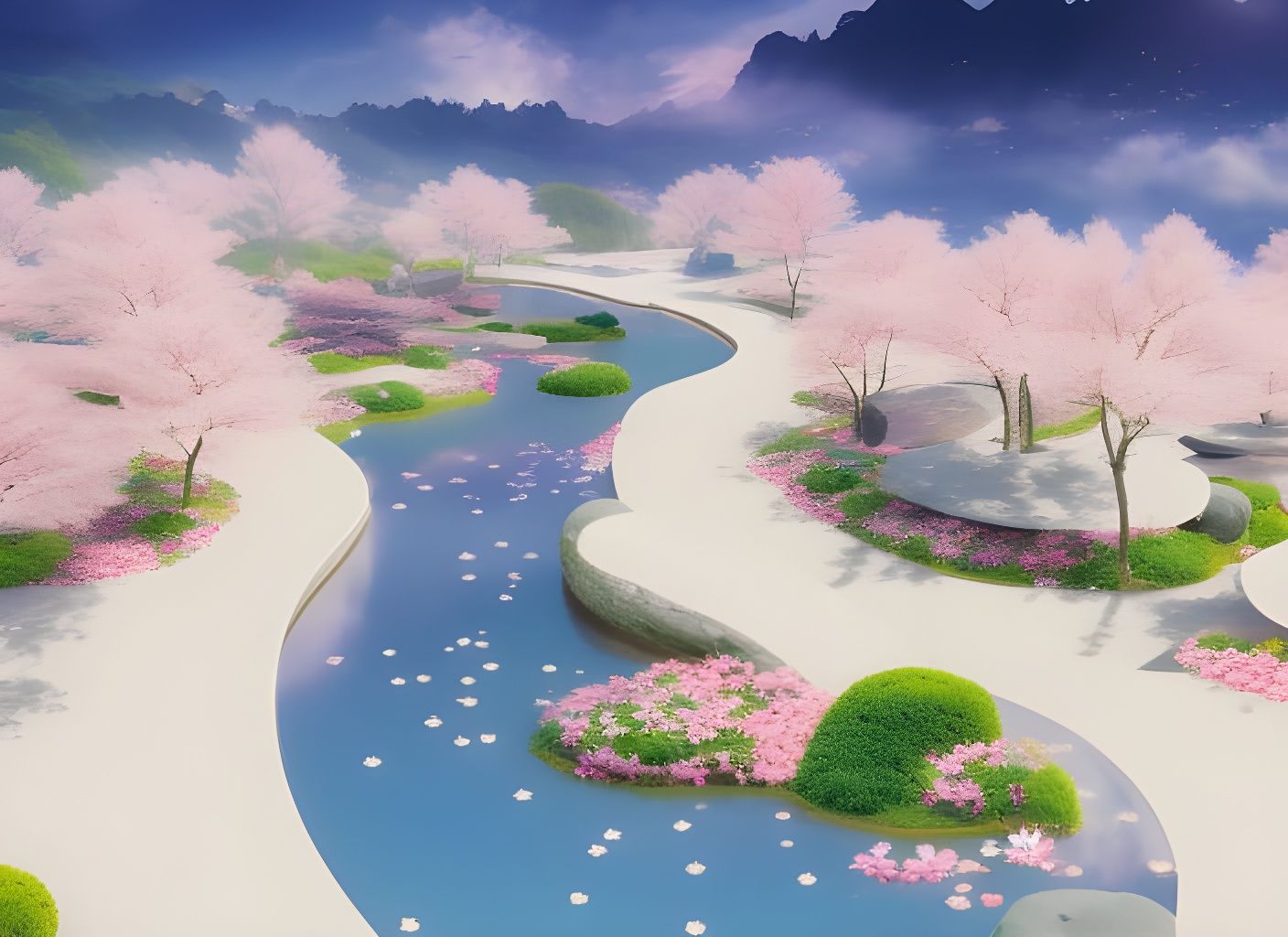 Blossom Cherry Trees in a Japanese Garden