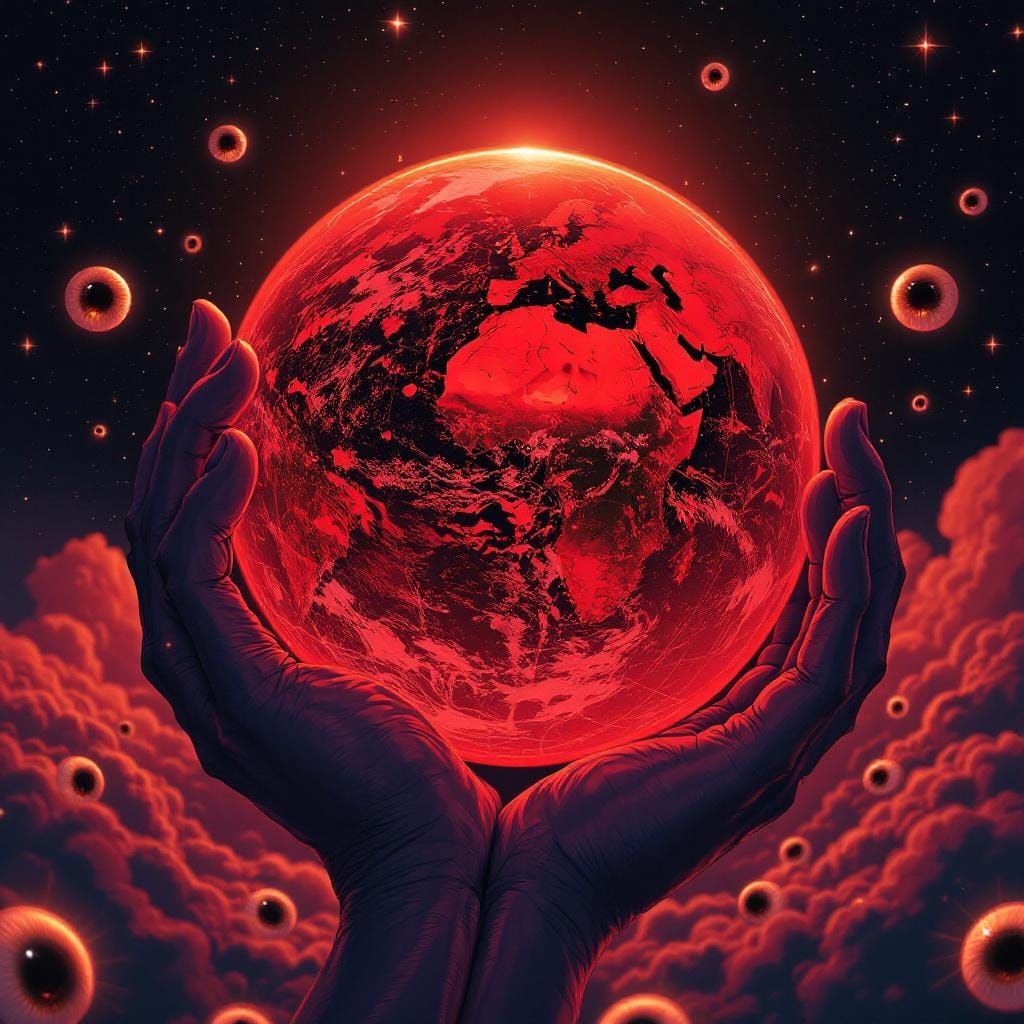 Red Earth Held by Hand with Eyes: 3D Anime Art