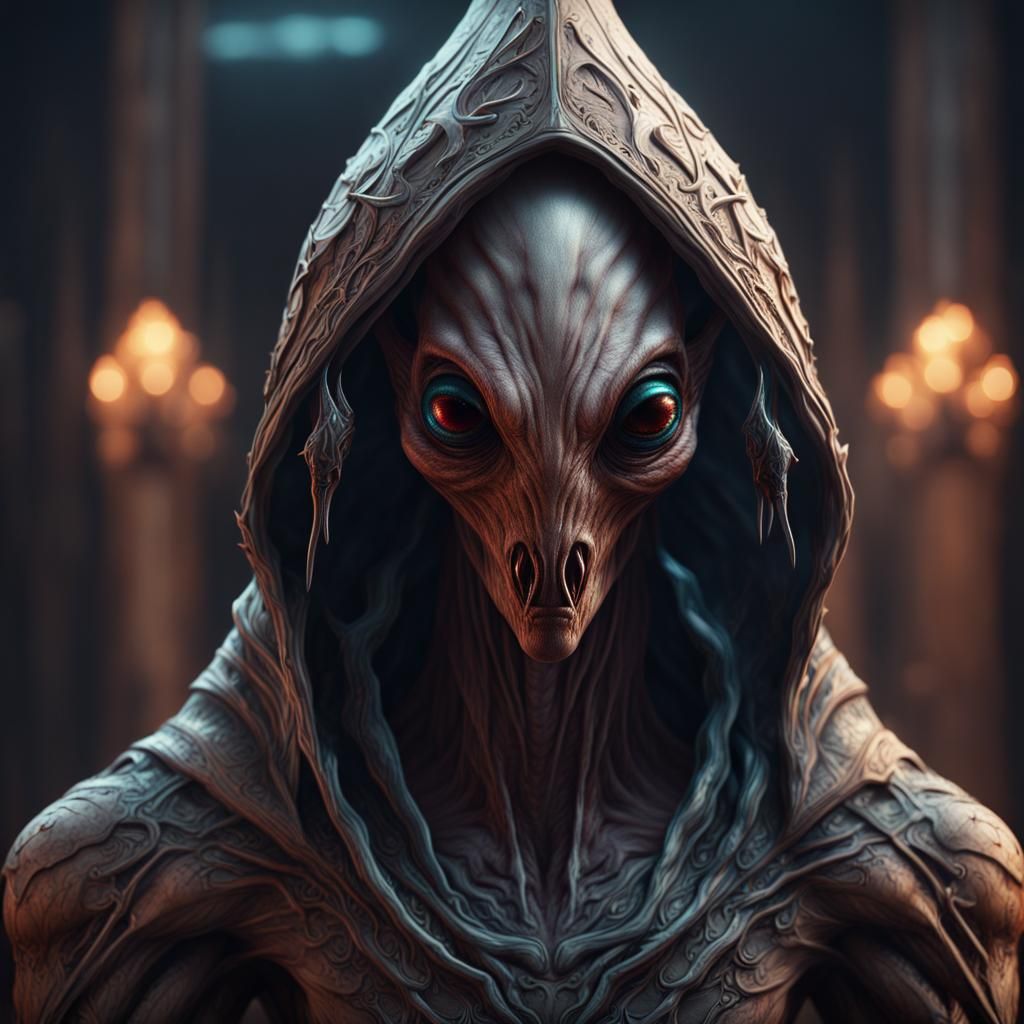 Detailed Hooded Alien Creature in Fantasy Art Style