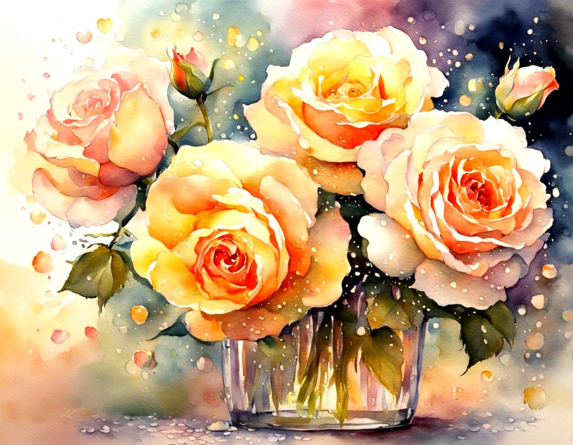 Watercolour Roses in Vase