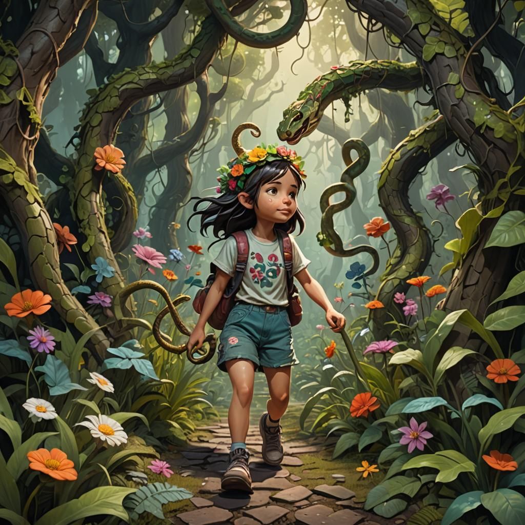 Girl in Forest with Snake: Fantasy Concept Art