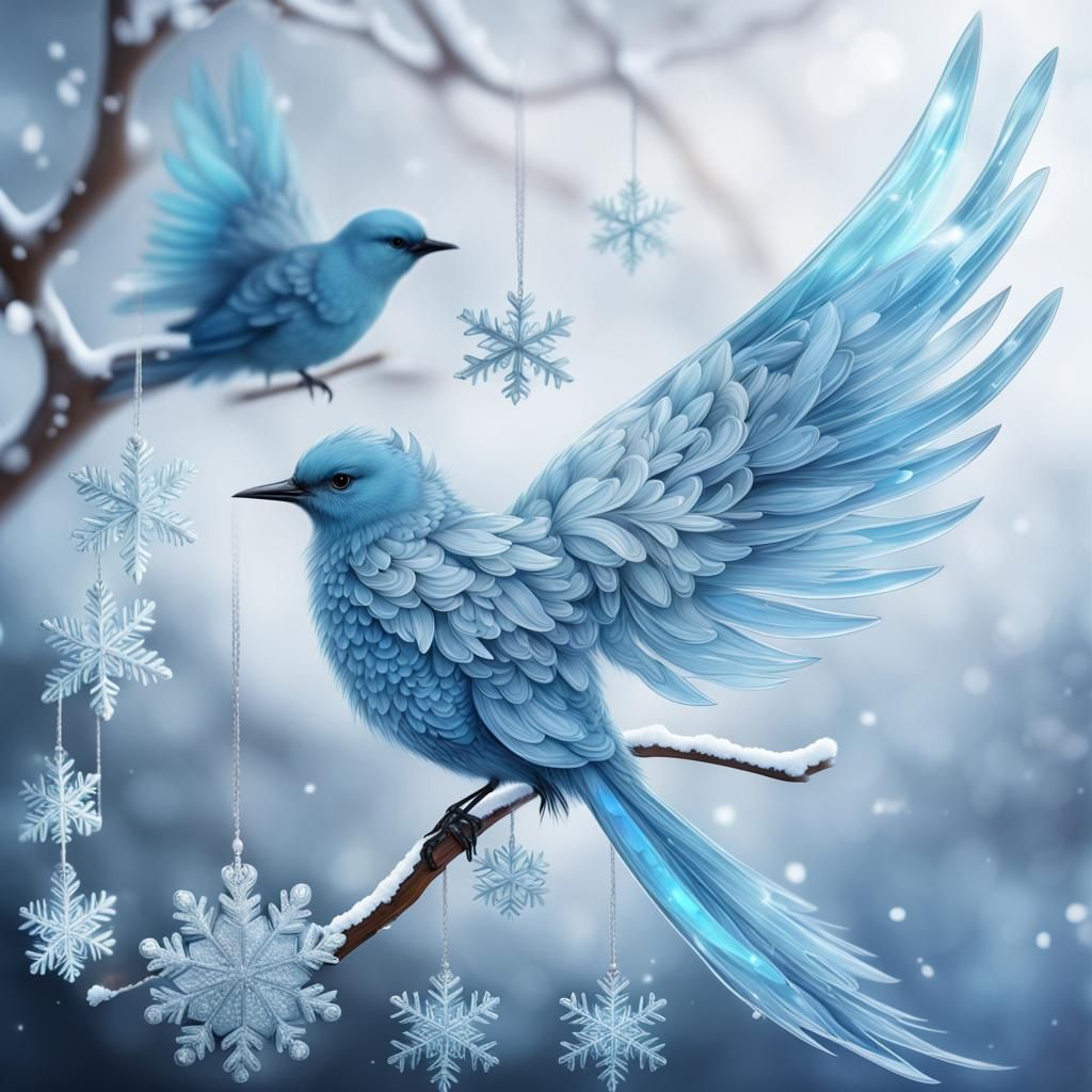 Full view of a Beautiful Teansluscent Blue Ice bird, with two gorgeous ornate snowflake wings, sitting on a branch, sno...