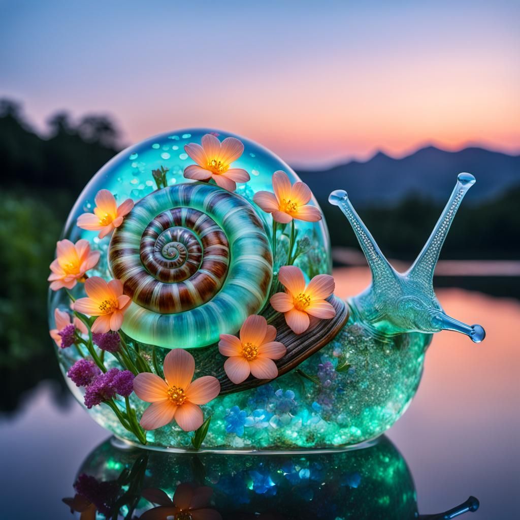 Bioluminescent Flowers in Jade Crystal Snail Shell