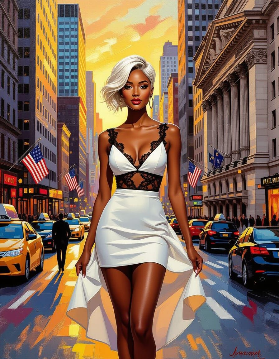 Caribbean Woman Before Wall Street Mural in Gouache Style