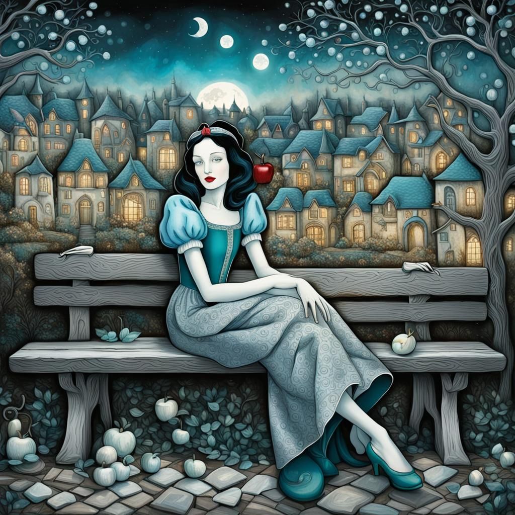 Snow White in Luminescent Village: Dark Fantasy Art