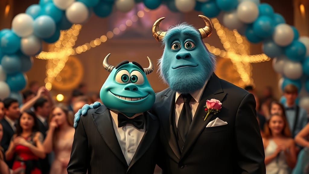 Mike and Sulley at High School Prom, Realistic Photo