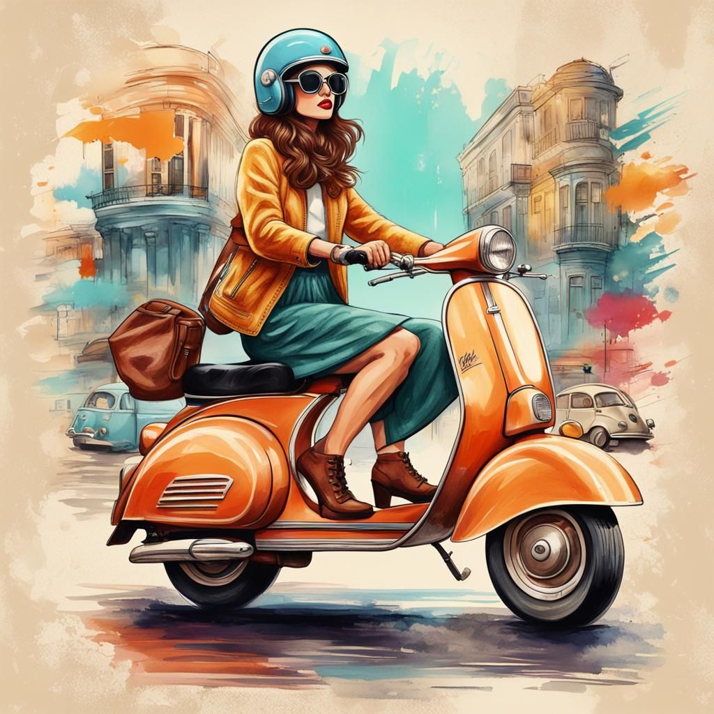 Hipster Lady on Vintage Vespa: Digital Illustration