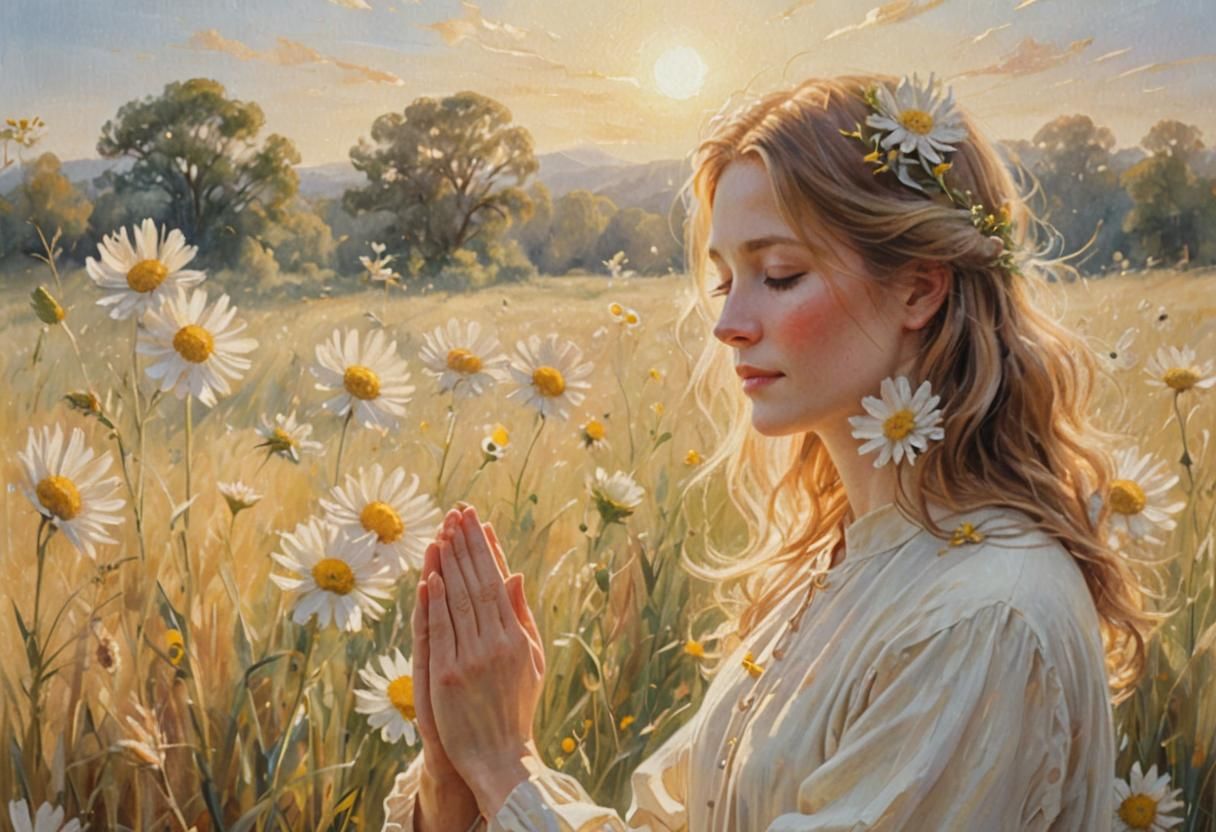 Blessed Woman in Sunlit Meadow: Ethereal Oil Painting