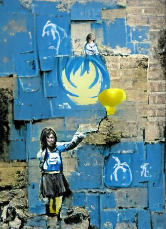 Banksy stencil girl with yellow, blue balloon PEACE sign graffiti on broken-down brick wall on bomb site in the style o...