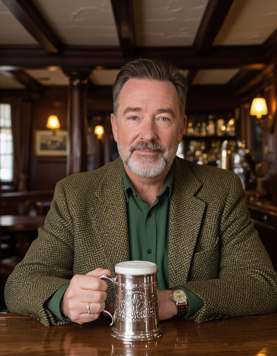 Distinguished Gentleman Enjoys Ale in Cozy British Pub