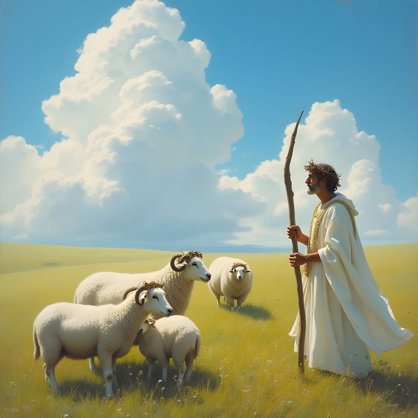 Shepherd with Sheep in Pastoral Landscape