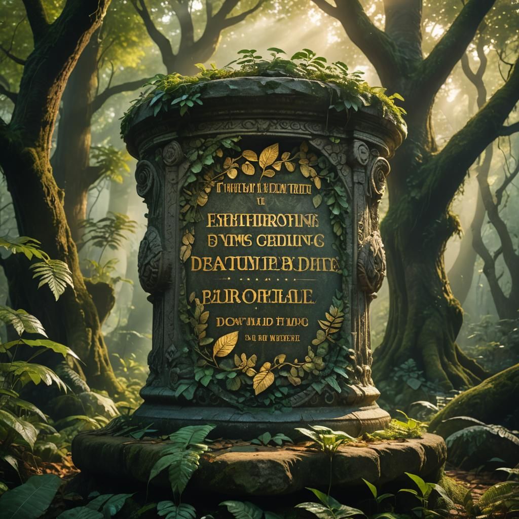 Mystical Quote Etched on Stone Pedestal in Eerie Forest