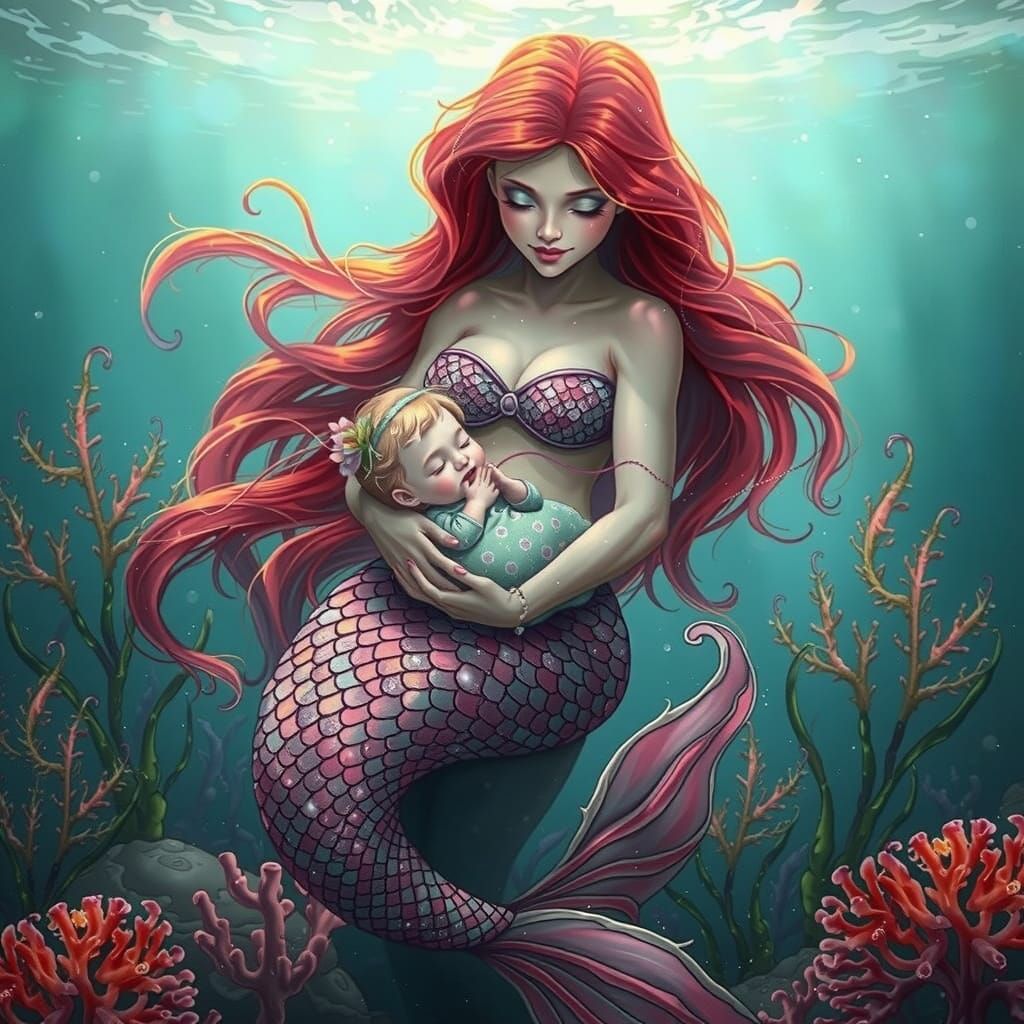 Mermaid Mother and Baby in Underwater Dreamscape