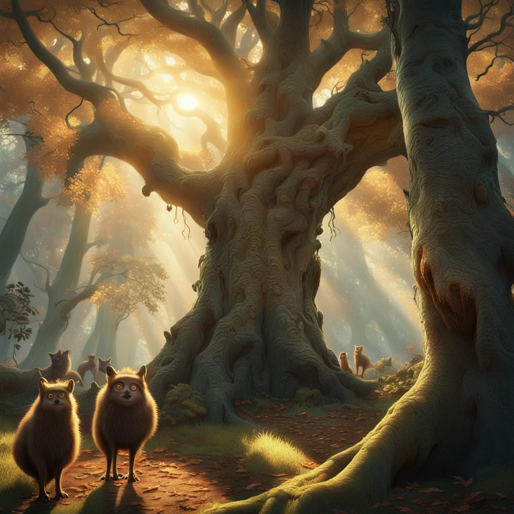 Enchanted Forest with Expressive Trees in Golden Light
