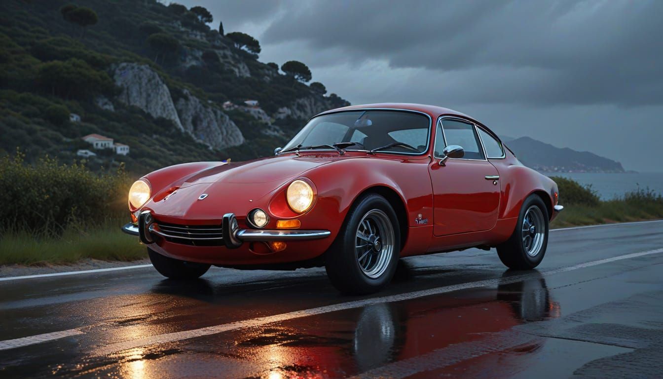 Ruby Red Alpine on the Riviera: Gouache Style