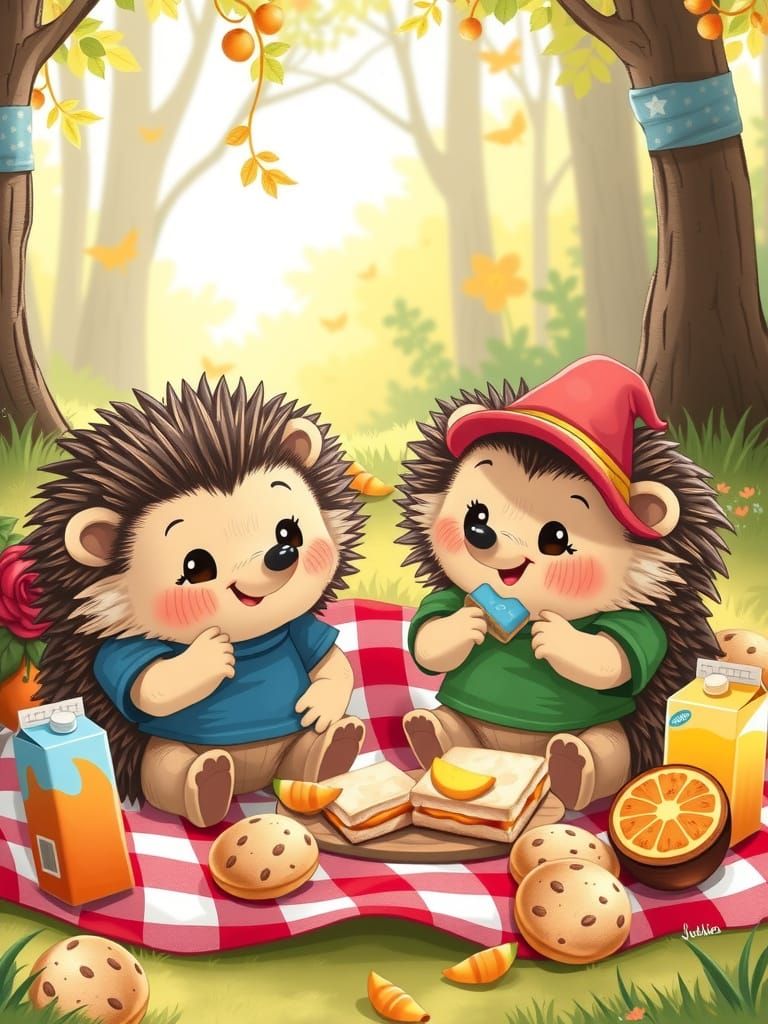 Cartoon Hedgehogs Picnic in Sunny Forest, Children's Illustr...