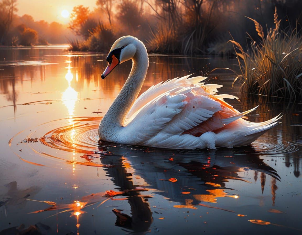 Vermilion Swan on Sparkled Lake: Watercolour Sunset
