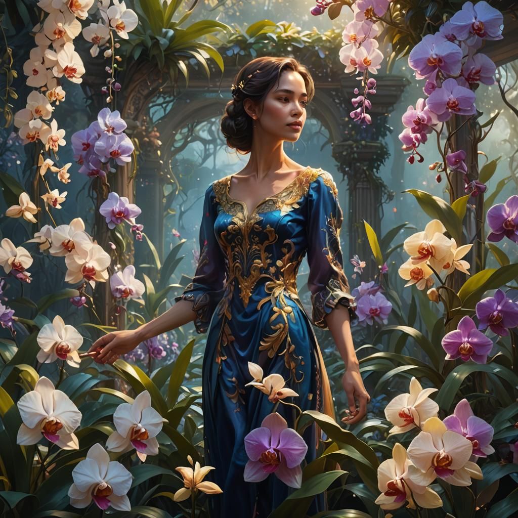 Fantasy Garden: Woman Amongst Vibrant Orchids