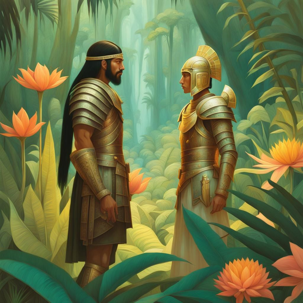 Conquistador and Aztec Warrior in Jungle, Vintage Style