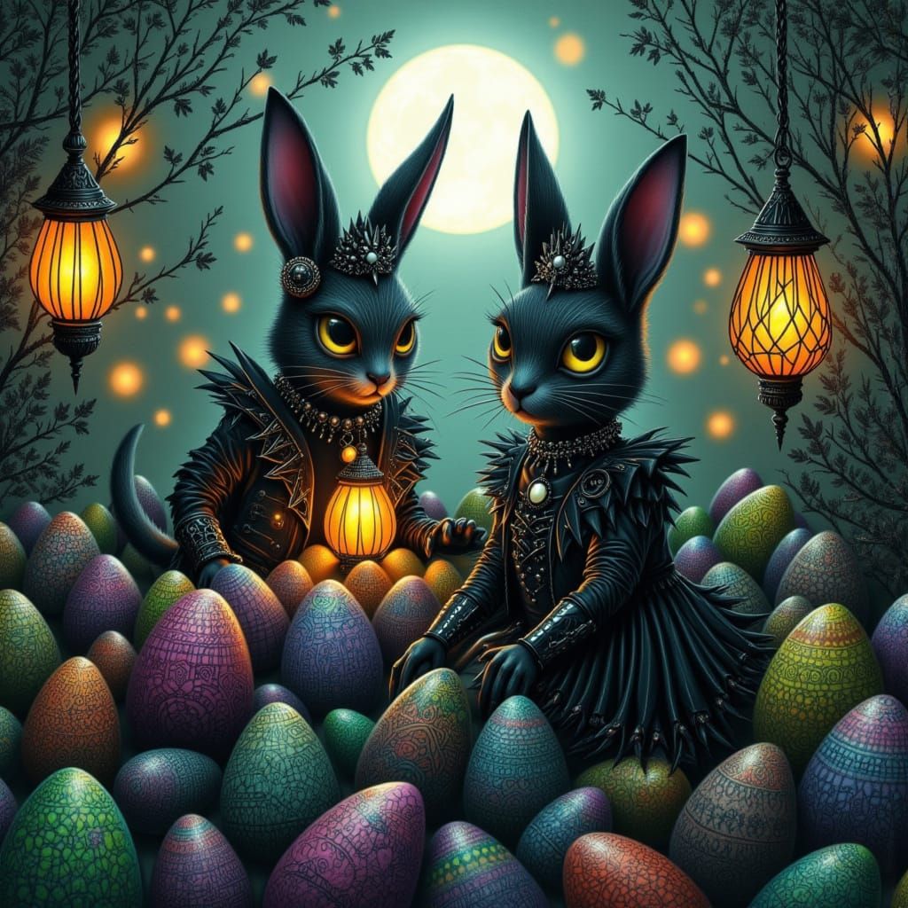 <lora:Alternative Easter:1.0> A whimsical dark fantasy illustration of goth cats and bunnies harvesting grapes in a moon...