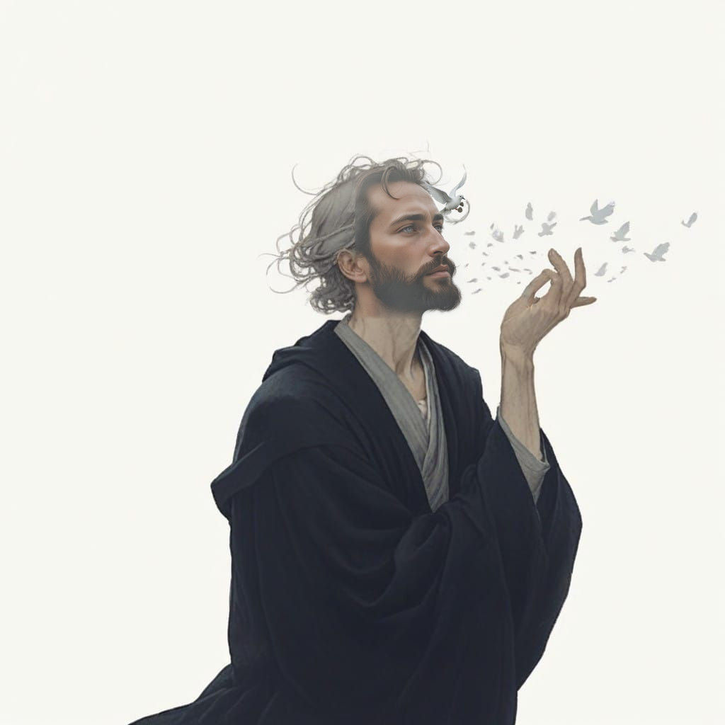 Bearded Man Blows into the Wind Holding a Dove