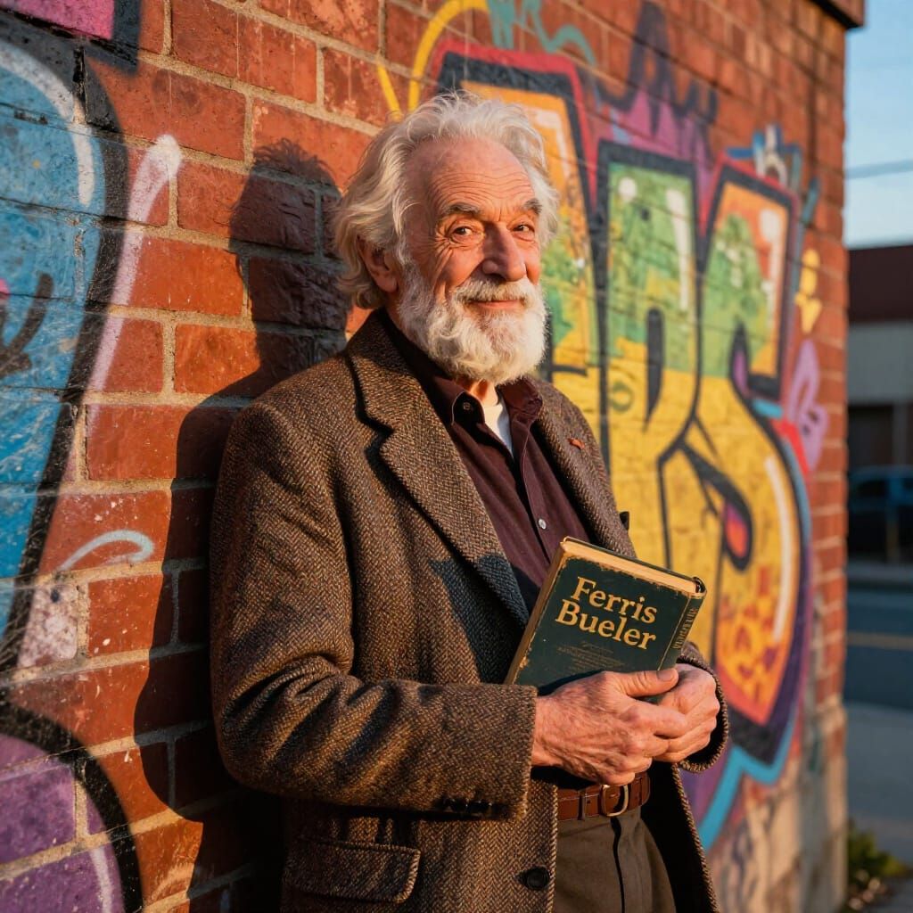Wise Old Man with 'Ferris Bueller' Book at Sunset
