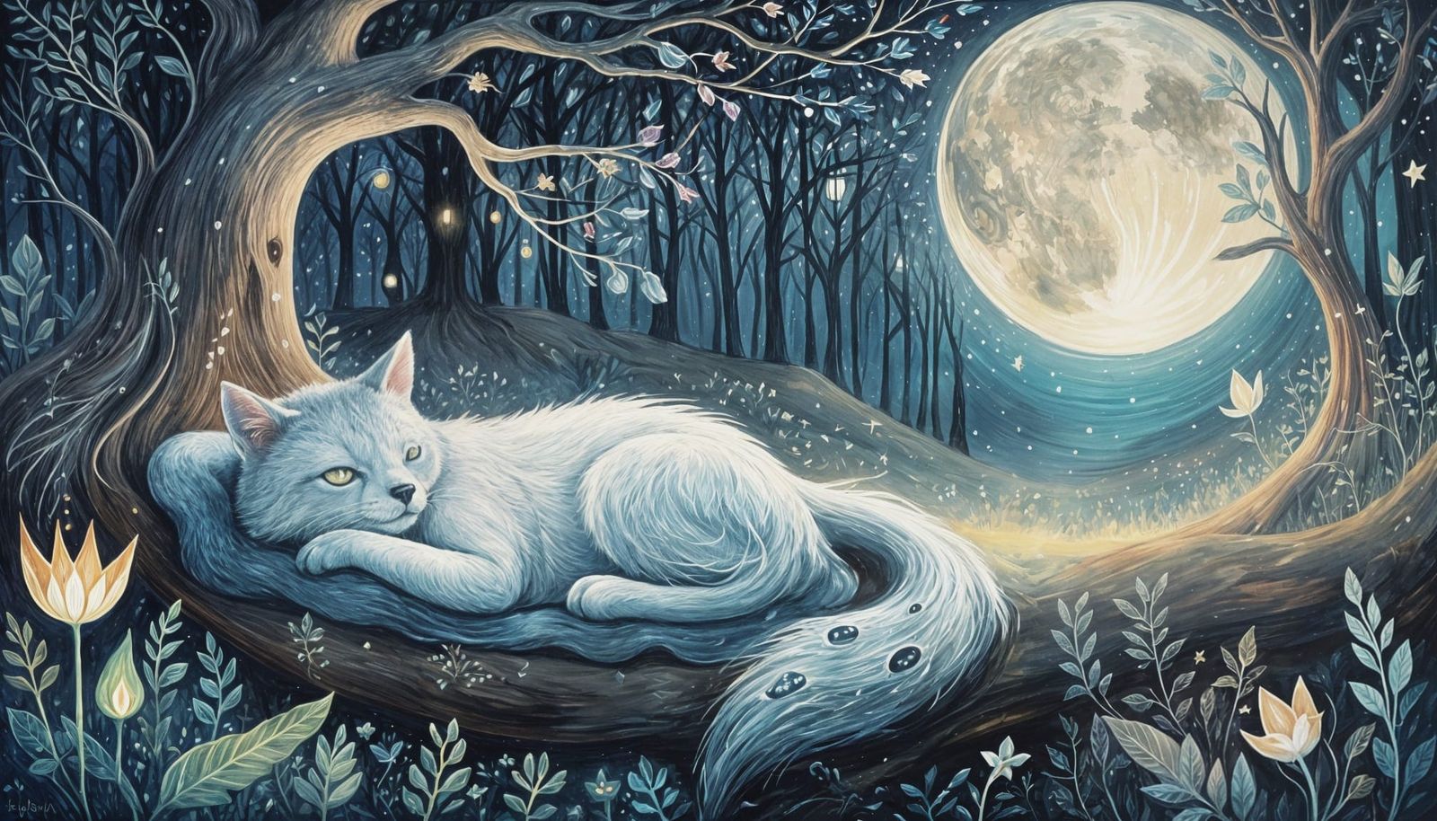 Dreamy Nighttime Gouache Landscape