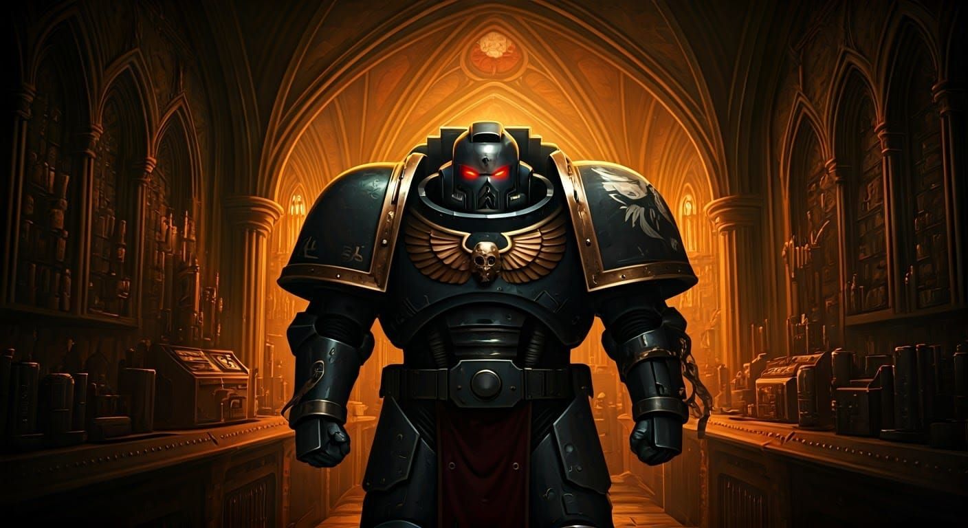 Space Marine Apothecary Portrait in Gothic Chamber