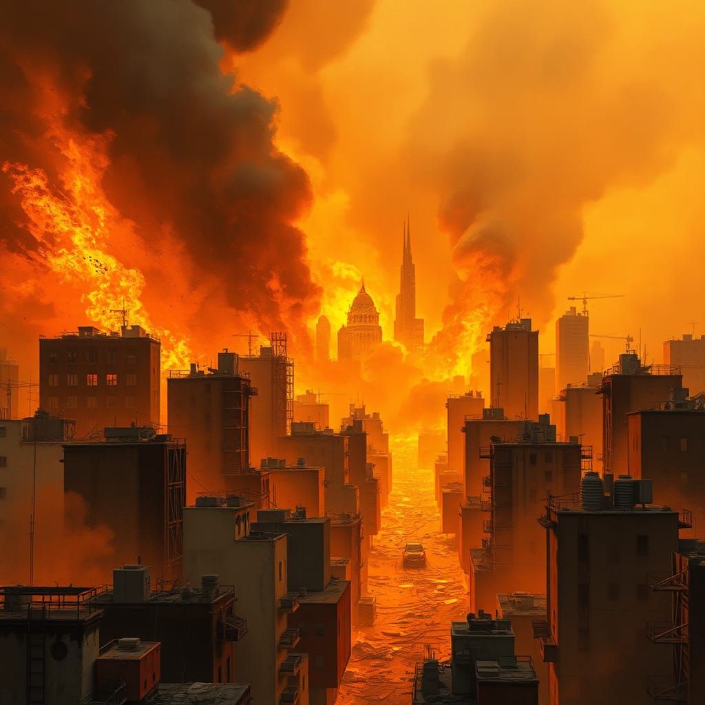 Burning Cityscape in Dystopian Style