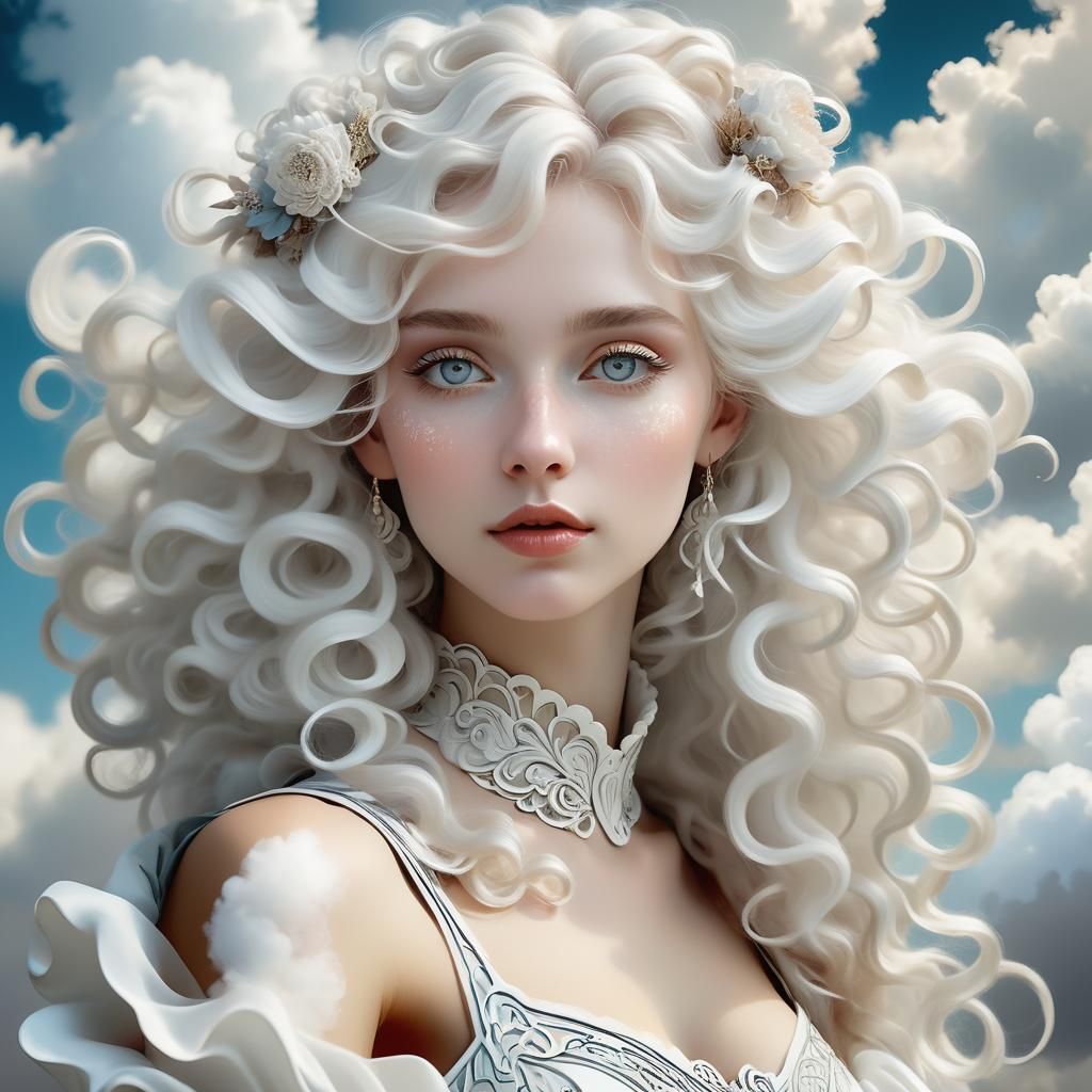 Ethereal Girl with Clouds in Art Nouveau Style