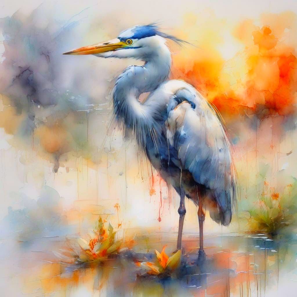 Neo-Impressionist Heron Sunset Over River