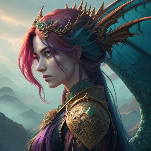 Dragon Woman Portrait with Viking Gold Accents