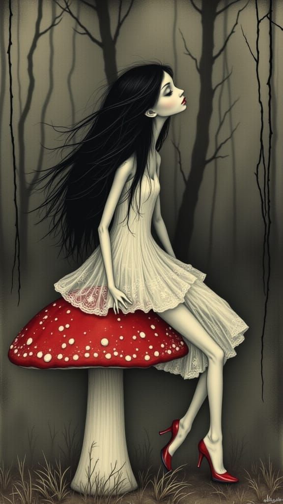 Whimsical Fairy Sits on a Vibrant Red Mushroom