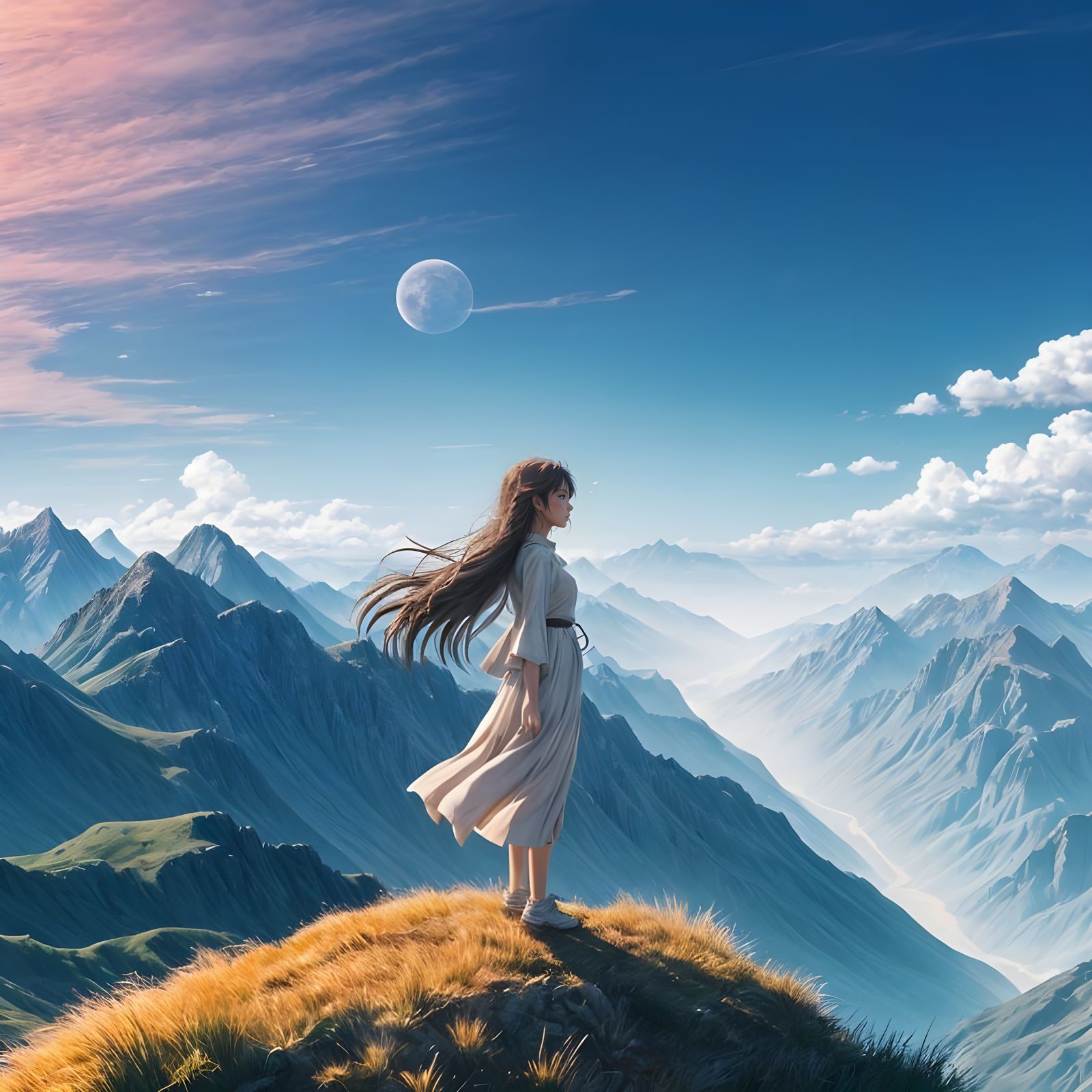 Anime Girl on Windy Hilltop in Epic Landscape