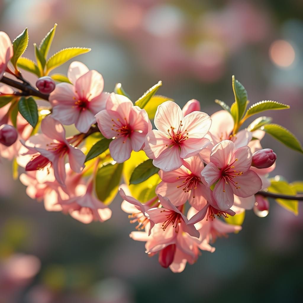 Cherry Blossom Branch Glistening with Dewdrops
