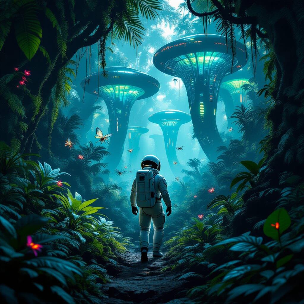 Astronaut in Alien Jungle with Bioluminescent Flora