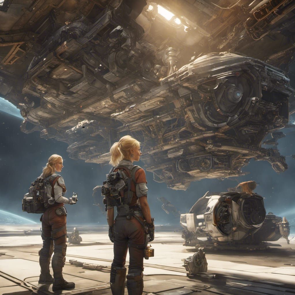 Scientist Unloads Cargo Starship: Dark Fantasy Concept Art