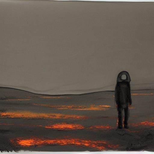 A Lone Figure Stands Amidst a Desolate Burning Landscape in ...