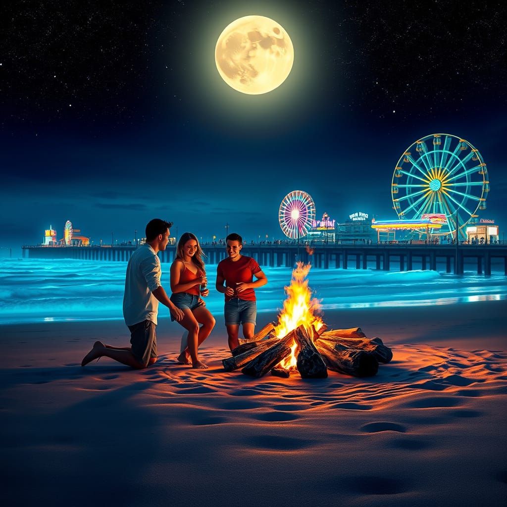 Bonfire on Bioluminescent Beach under Starry Sky
