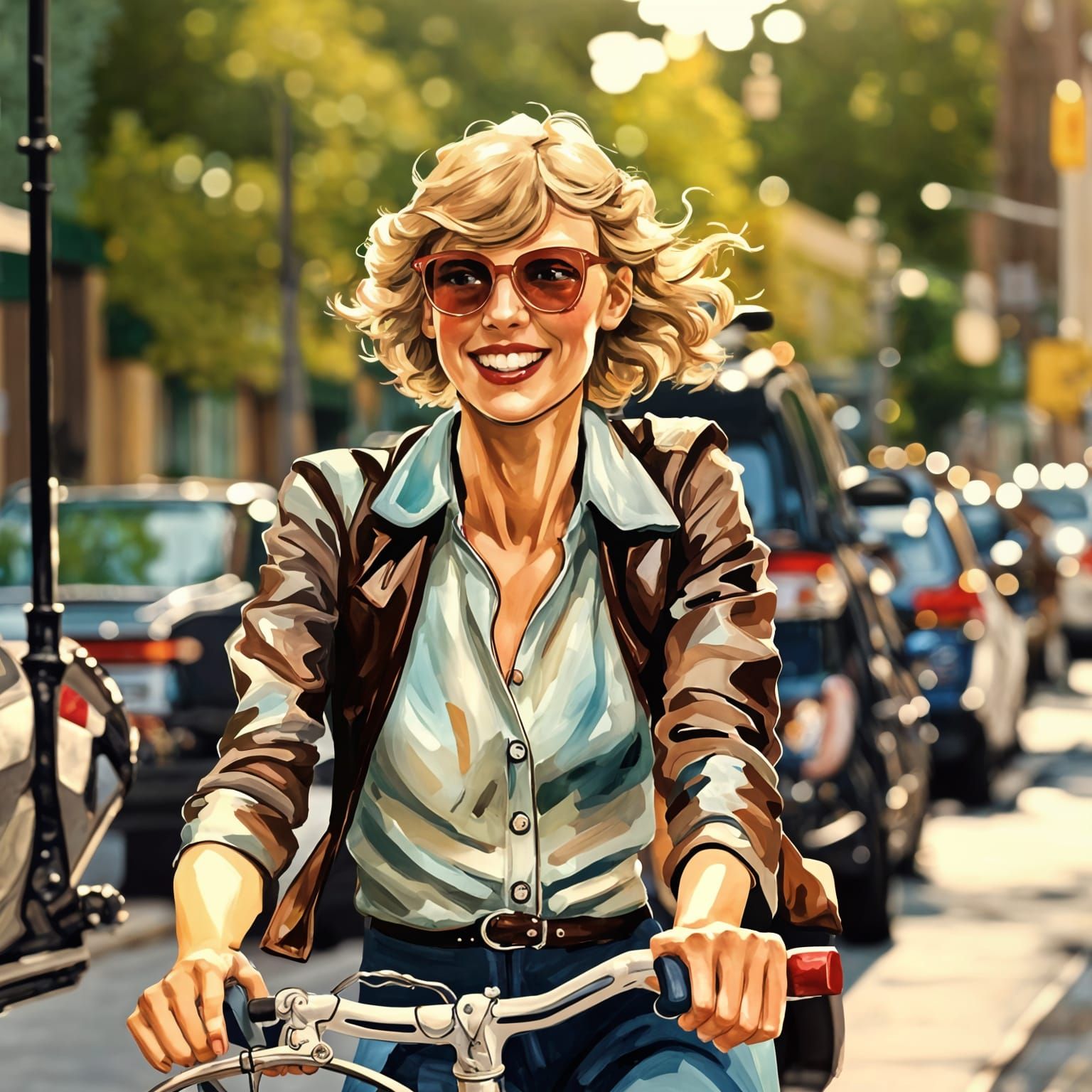 Woman Rides Bike in City, Impressionistic Gouache Painting