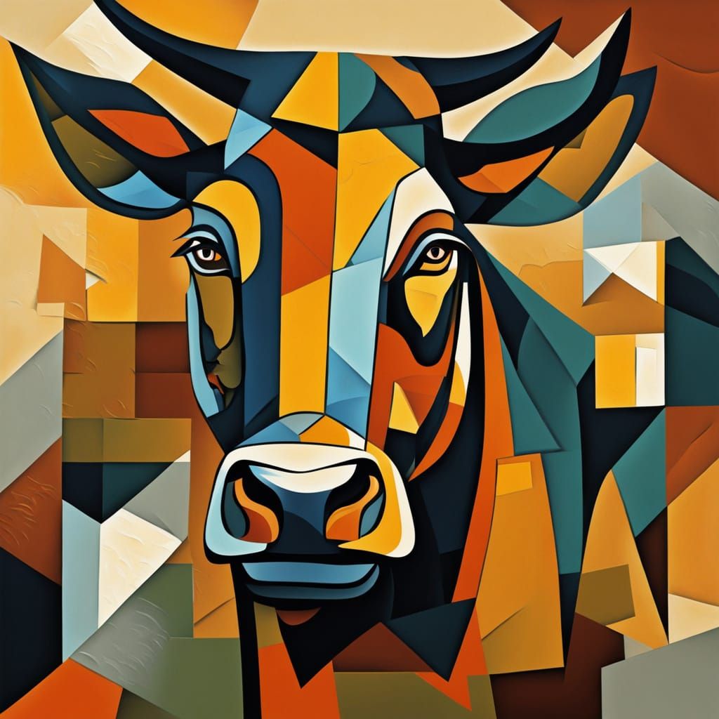 Abstract Cubist Bull Portrait in Geometric Style