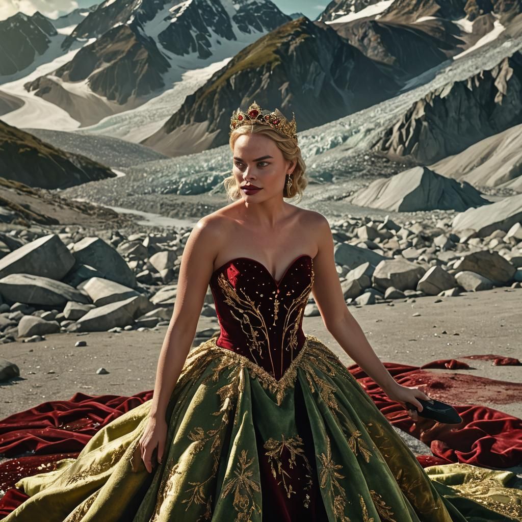 Woman in Red Velvet Gown at Mount Cook