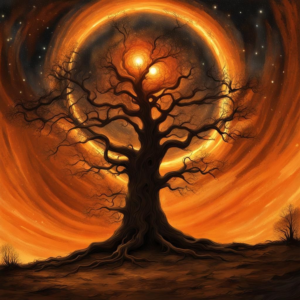 Tree Amidst Orange Solar Storm in Space