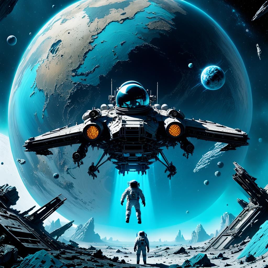 Astronaut Suspended Below a Blue Planet in Sci-Fi Style