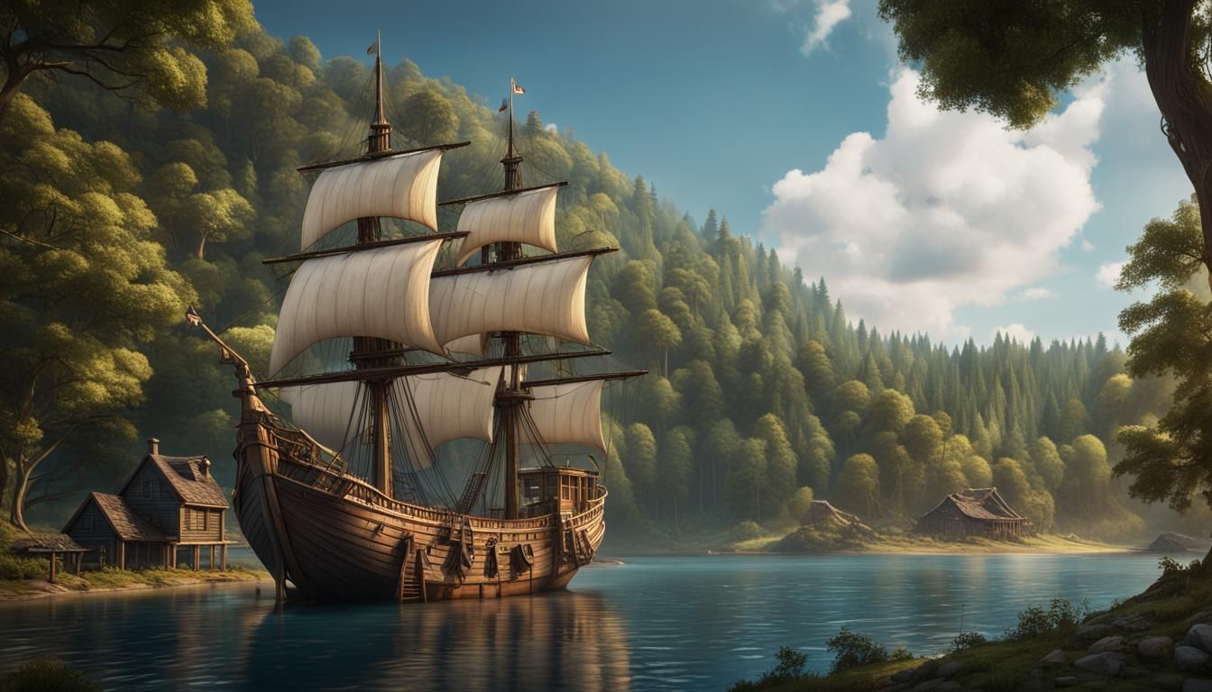 Fantastical Ship and Village Matte Painting