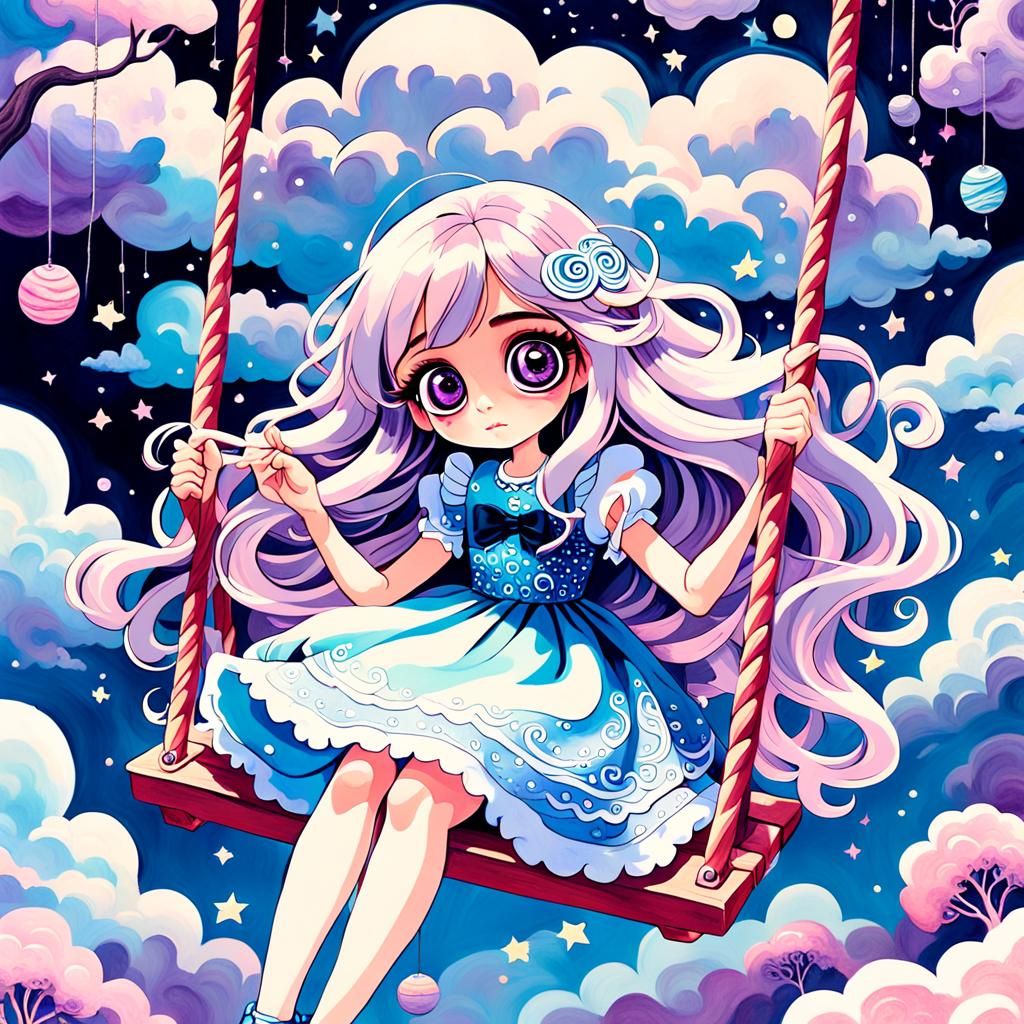 Girl on Cloud Swing in Dreamy Gouache Moonscape
