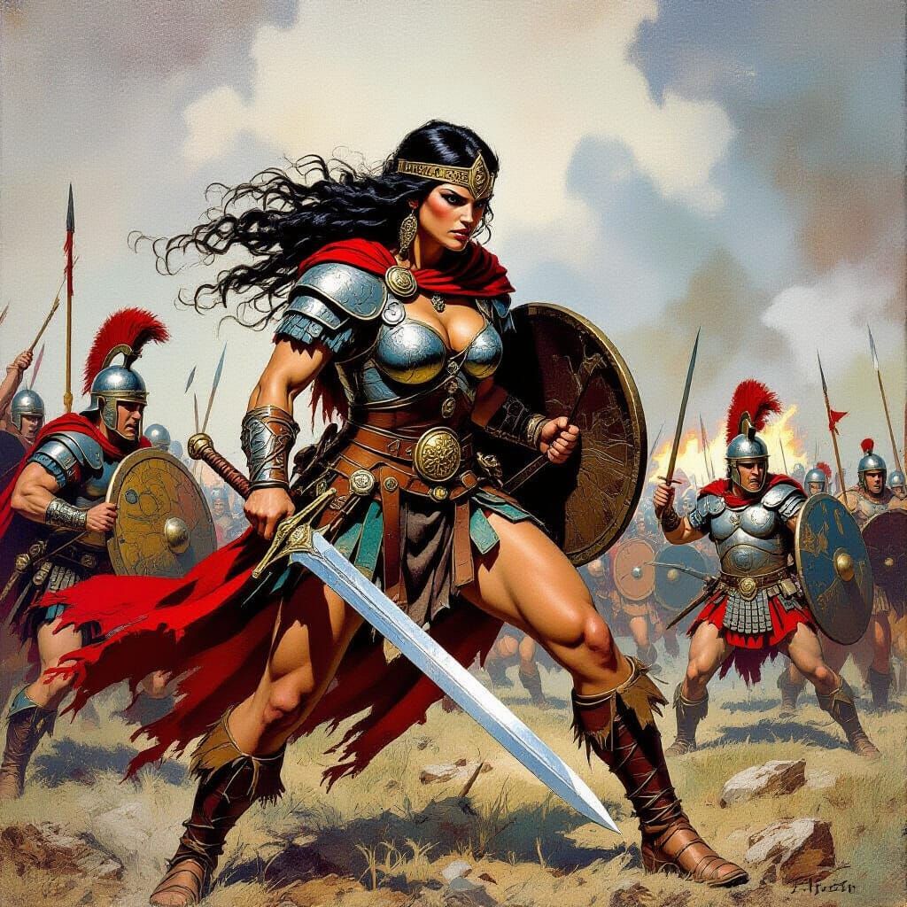 Celtic Queen Sacks Roman Settlements in Fantasy Style